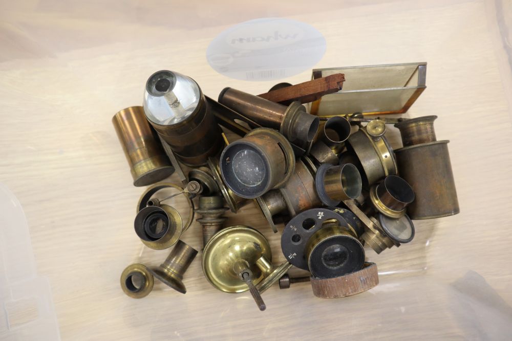 A mid-19th century Smith & Beck binocular microscope, 16 Coleman St, London, with accessories, H 60cm